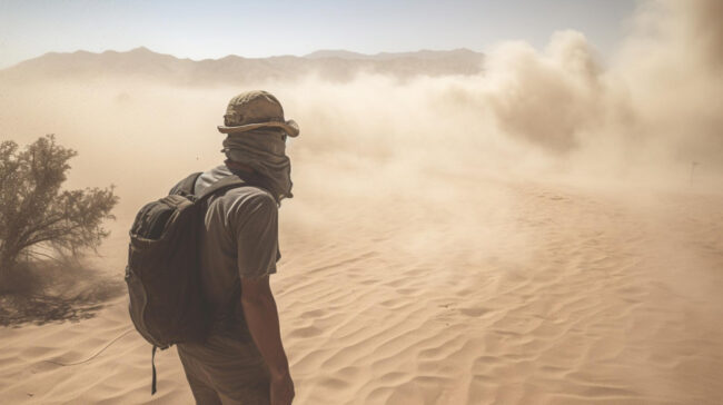Surviving the Kalahari illustrated by a man facing the desert
