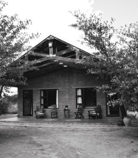 black and white gallery image of entrance of the rooms at Claassens Safaris with chairs