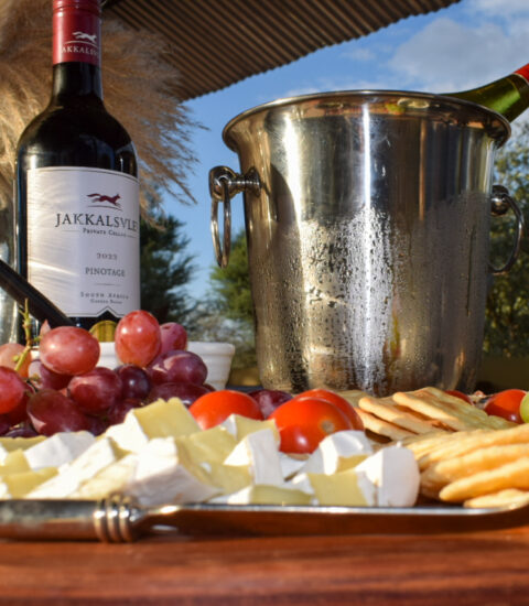 gallery with wine bottle and bucket with glasses, grapes, cheese and crackers on table outside