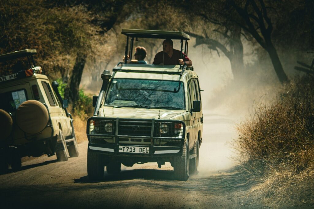 safari vehicle driving down path with tourists